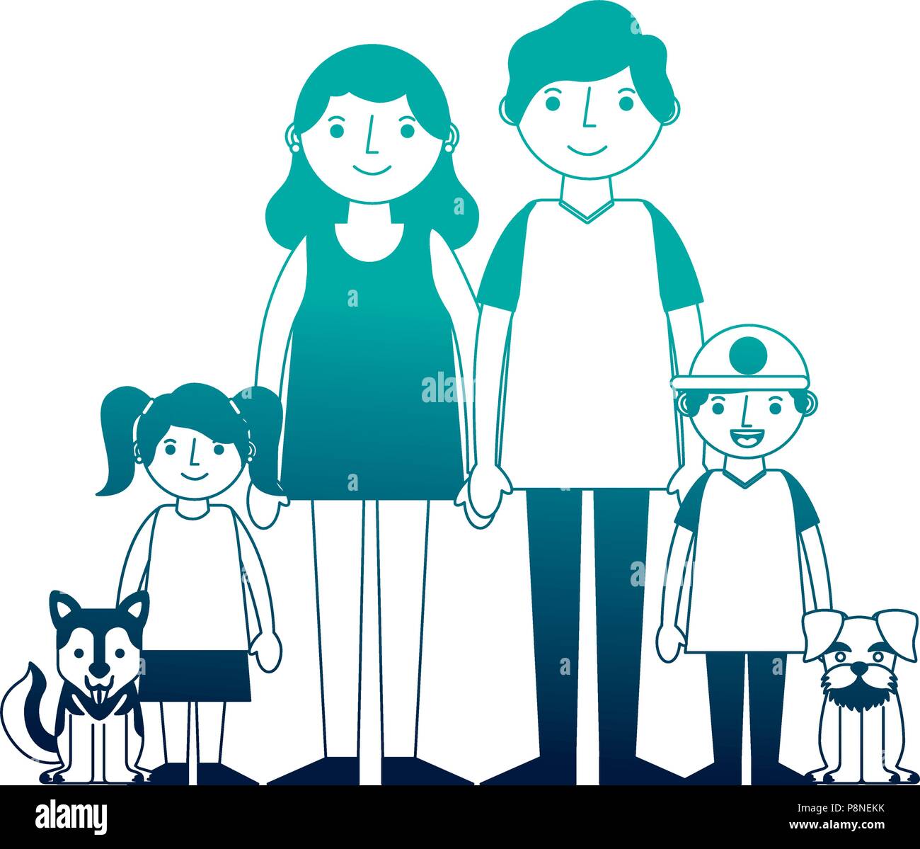Familia Mama Papa Hijo Hija Y Perros Mascota Ilustracion Vectorial Neon Imagen Vector De Stock Alamy
