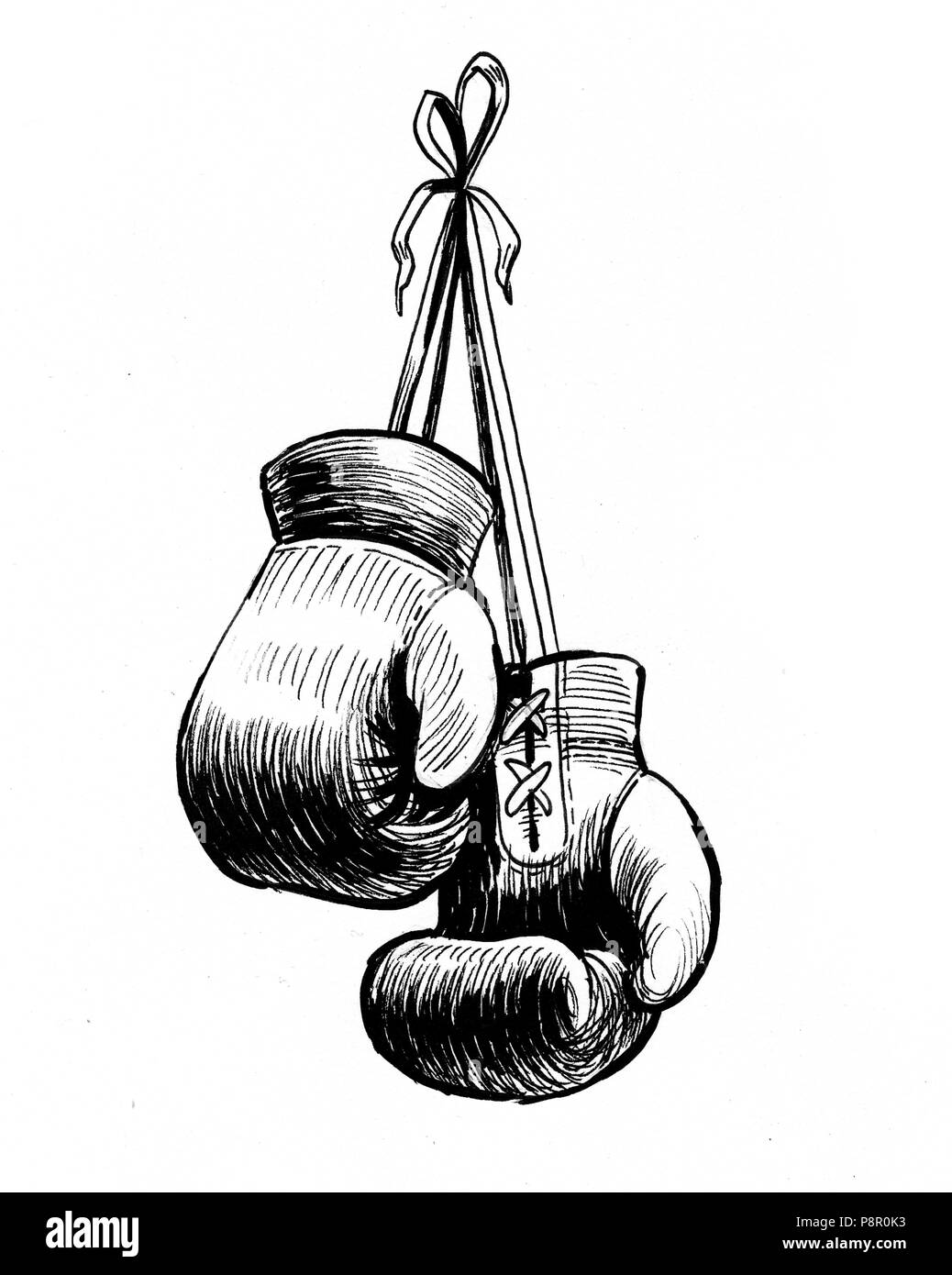 Colgar los guantes de boxeo. Ilustración en blanco y negro de tinta  Fotografía de stock - Alamy
