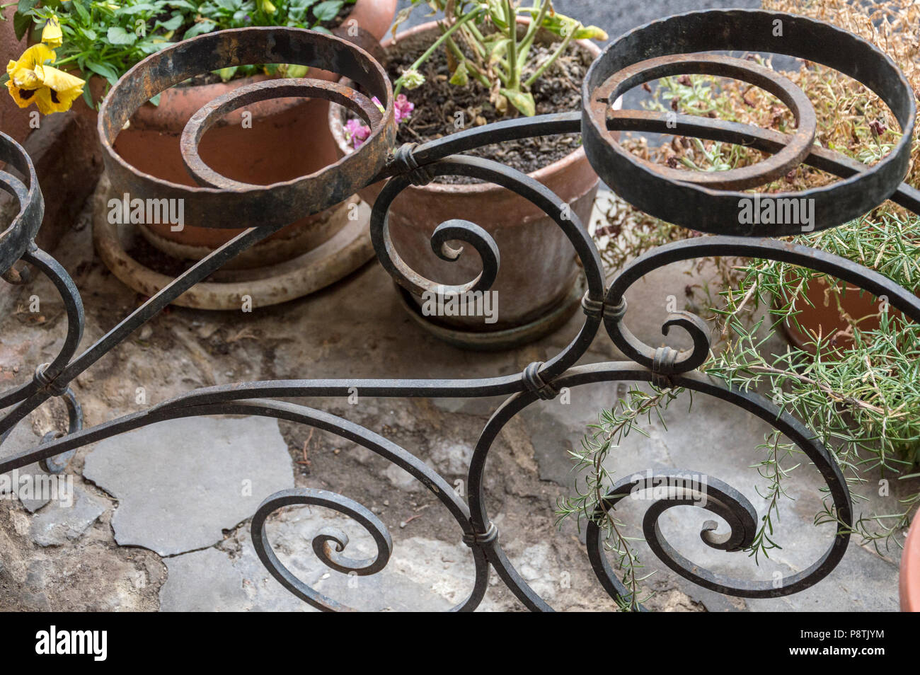 Macetas de hierro forjado detalle colocado en un patio, decoración típica  italiana Fotografía de stock - Alamy