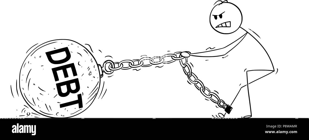Caricatura de hombre o empresario tirando grandes bolas de hierro con Dept texto encadenado a su pierna Ilustración del Vector