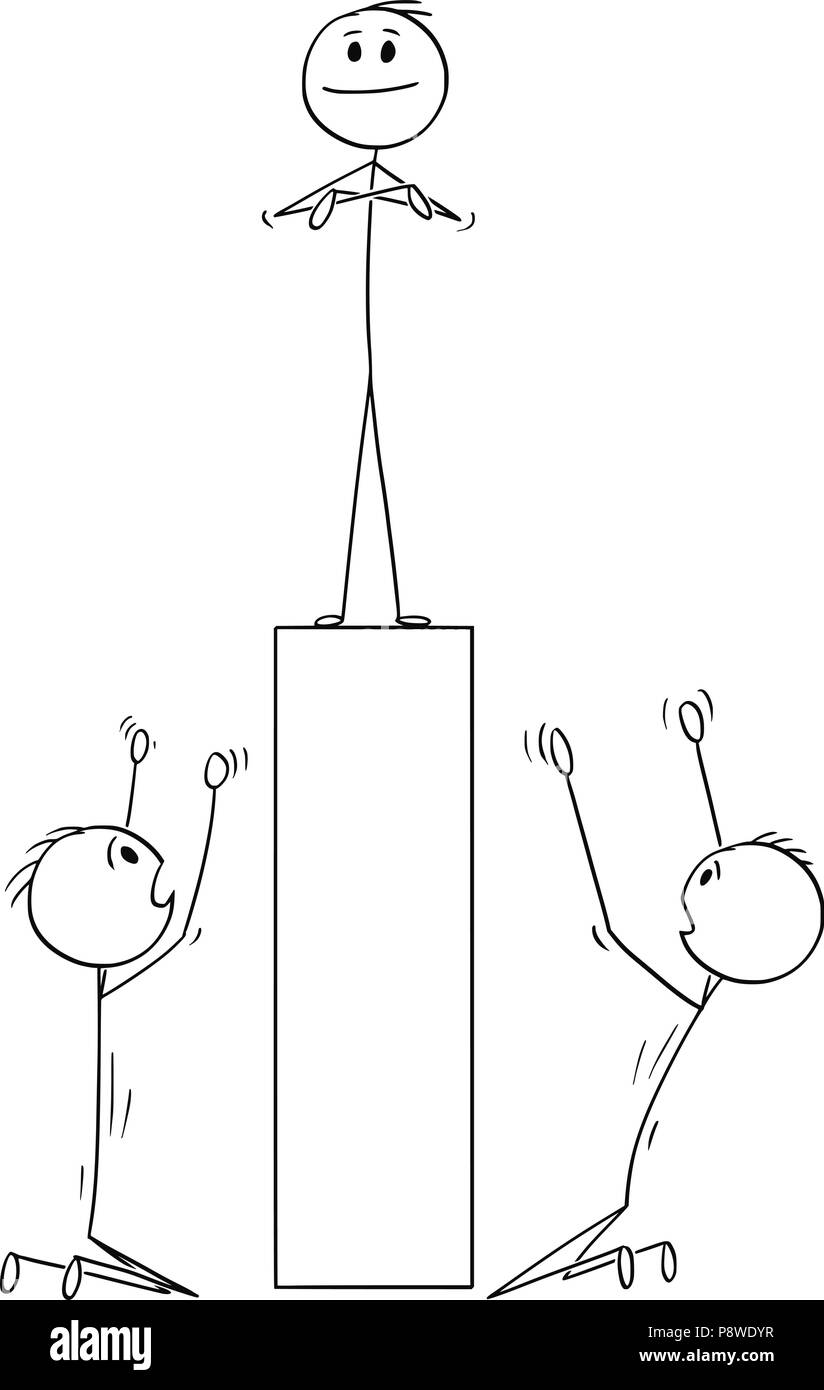 Caricatura de dos hombres o empresarios adorando al hombre sobre pedestal Ilustración del Vector