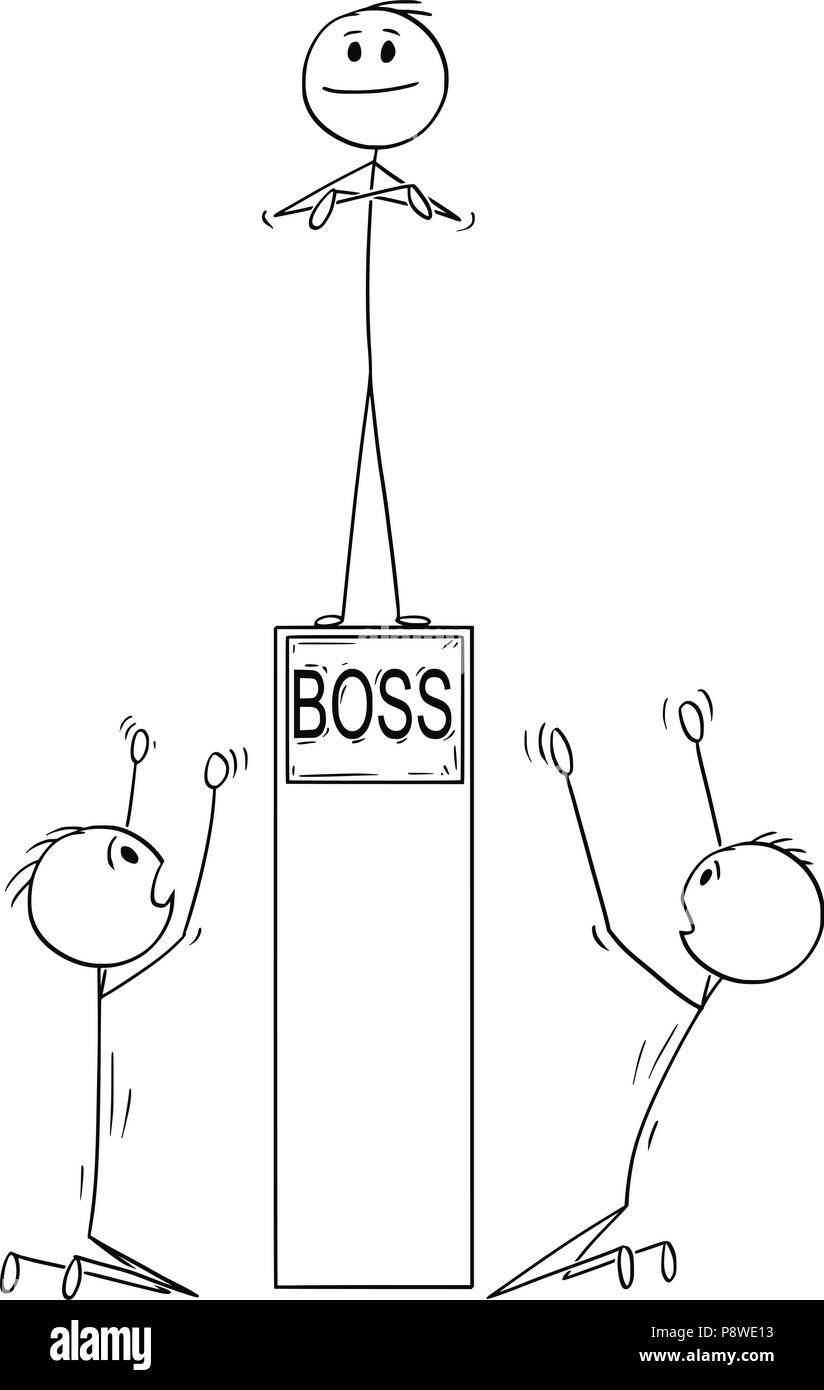 Caricatura de dos hombres o empresarios adorando Boss sobre pedestal Ilustración del Vector