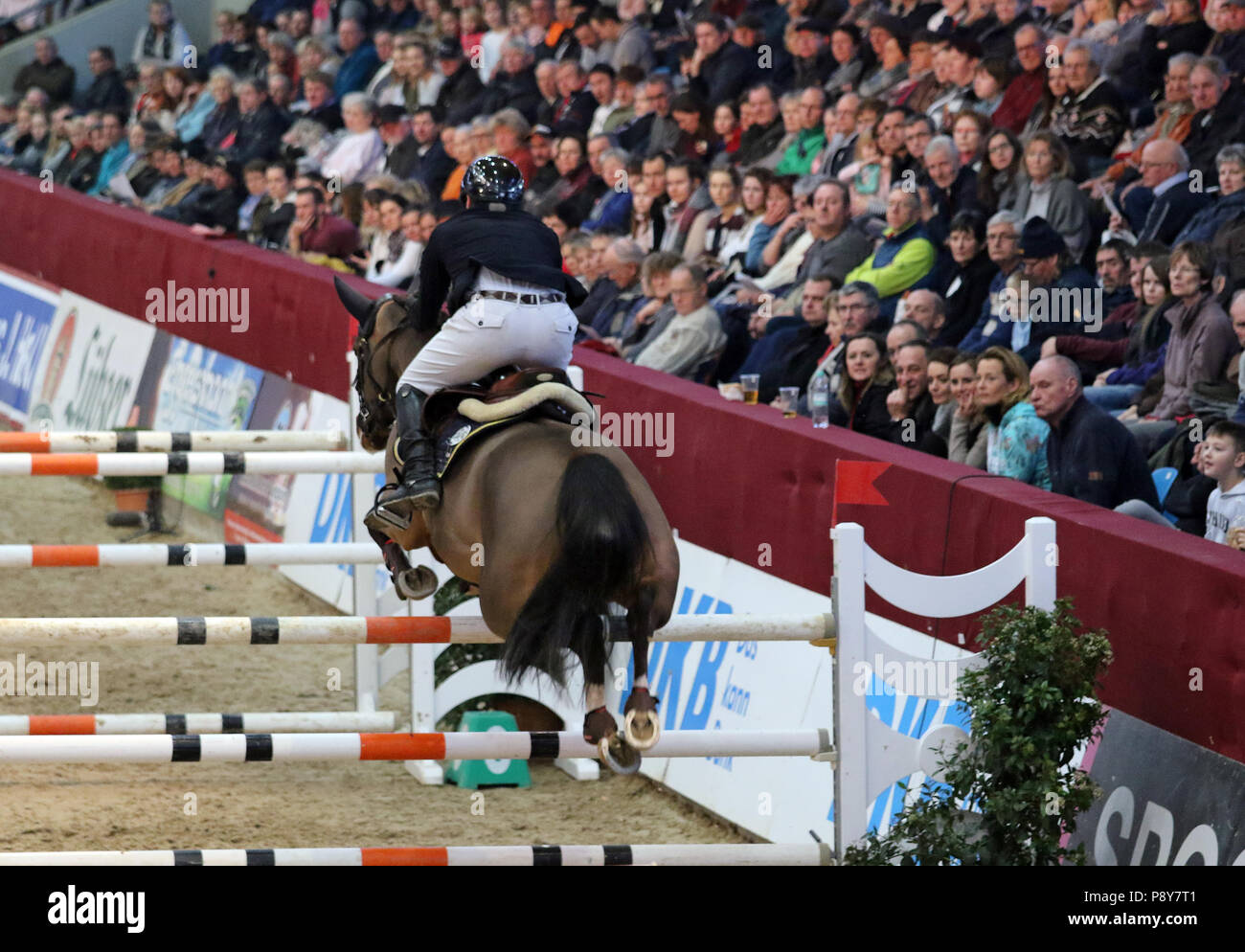Neustadt (Dosse), caballo y jinete sobre un abrupto salto en el foco de la audiencia Foto de stock