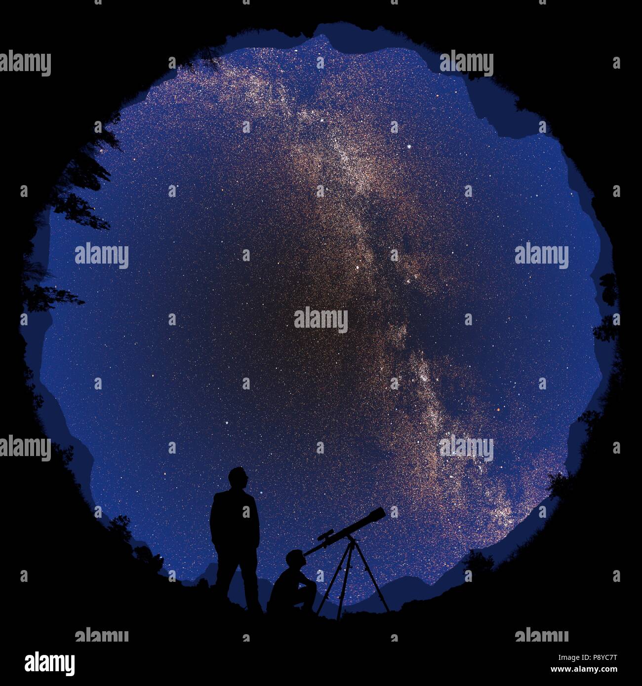 Ilustración de una vista de 360 grados de un par de astrónomos observando el cielo nocturno. Foto de stock