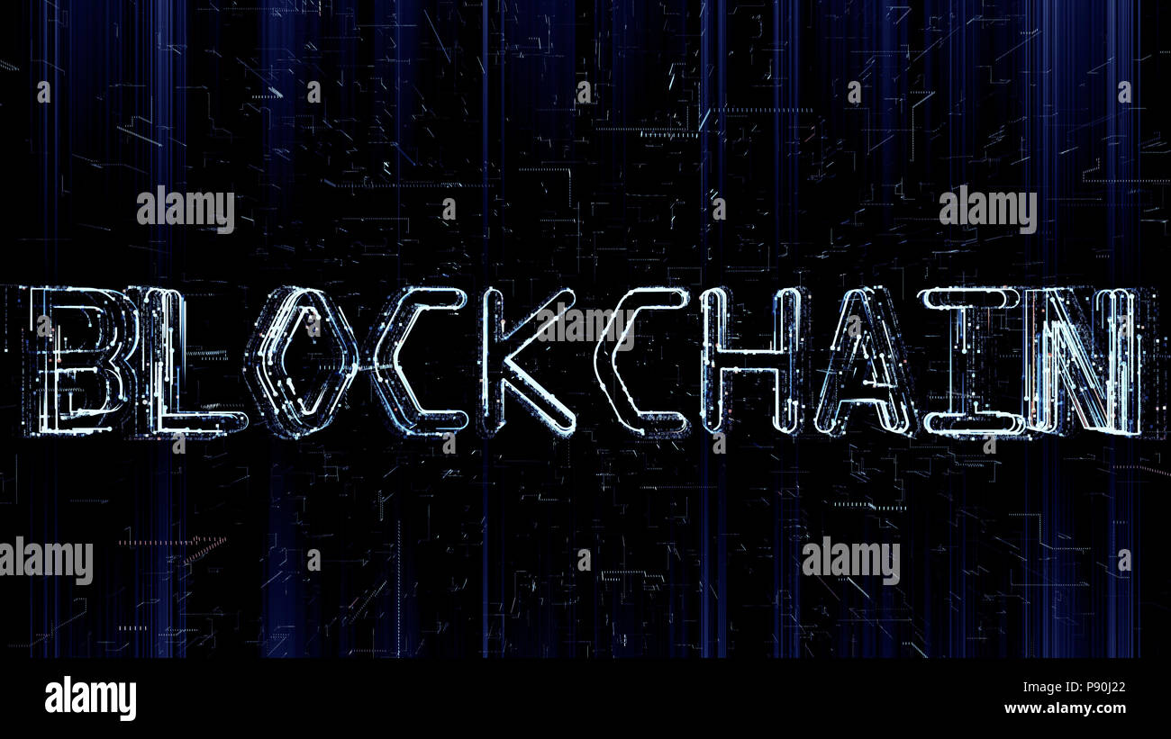 Ilustración 3D futurista de texto Blockchain está formado por