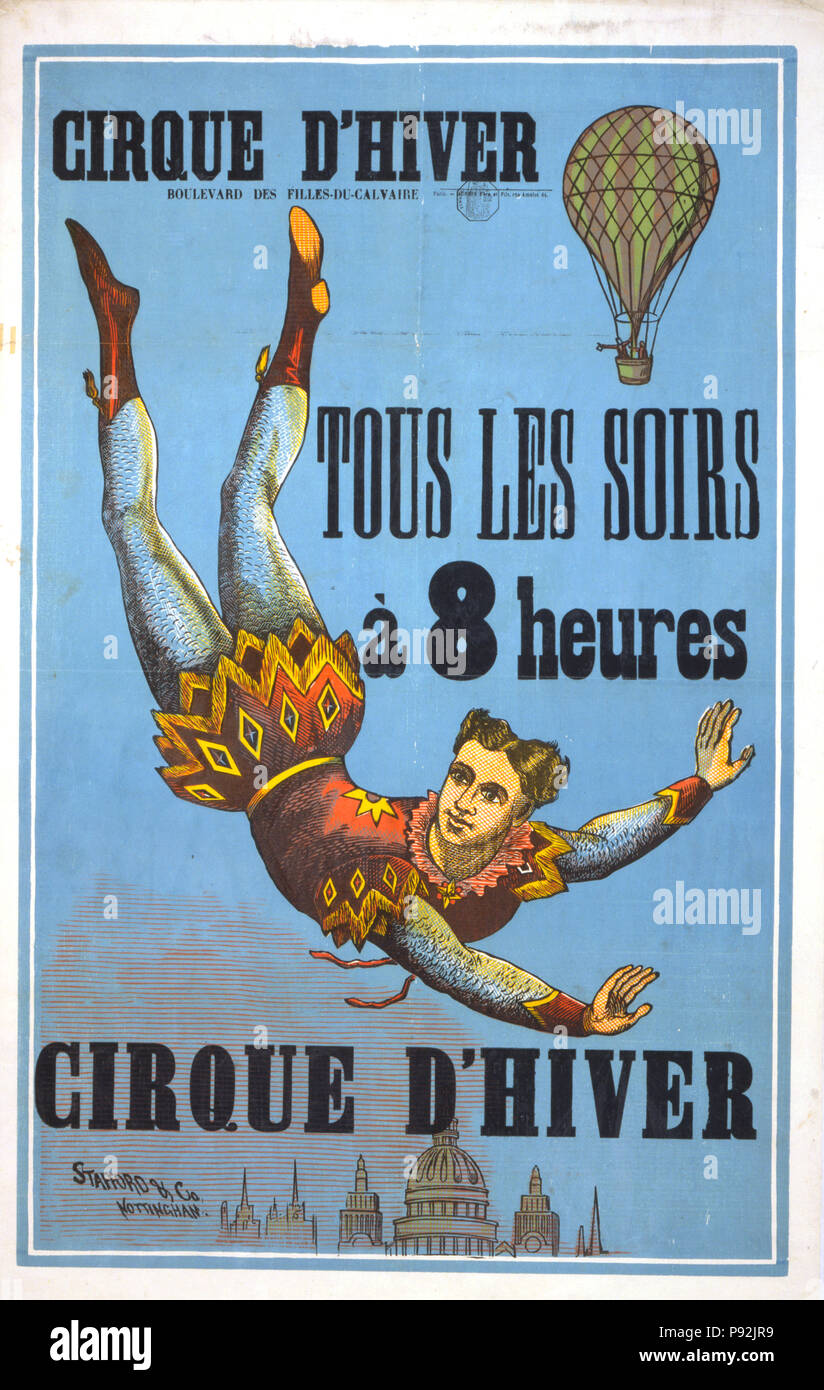 Cirque dʹhiver ... Tous les soirs,à 8 heures Stafford & Co., Nottingham. - Francés cartel muestra un flotante aerialist w brazos extendidos por encima del horizonte de la ciudad de 1880-1900 Foto de stock