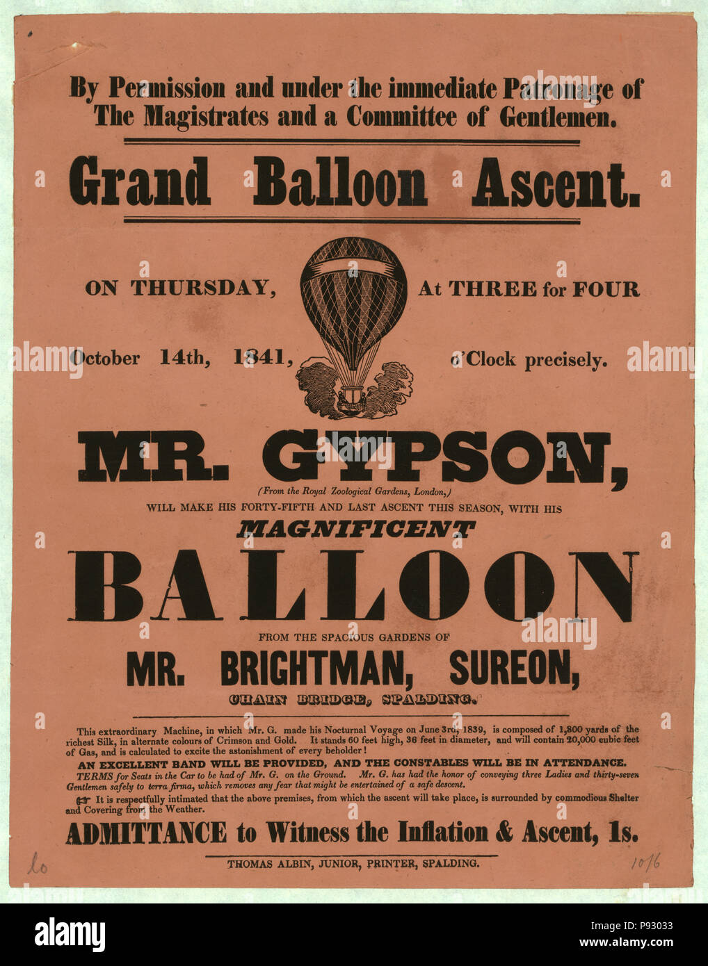 Panfleto anunciando un globo por Richard Gypson ascensión desde el puente  de la cadena, Spalding, Inglaterra, 1841 Fotografía de stock - Alamy