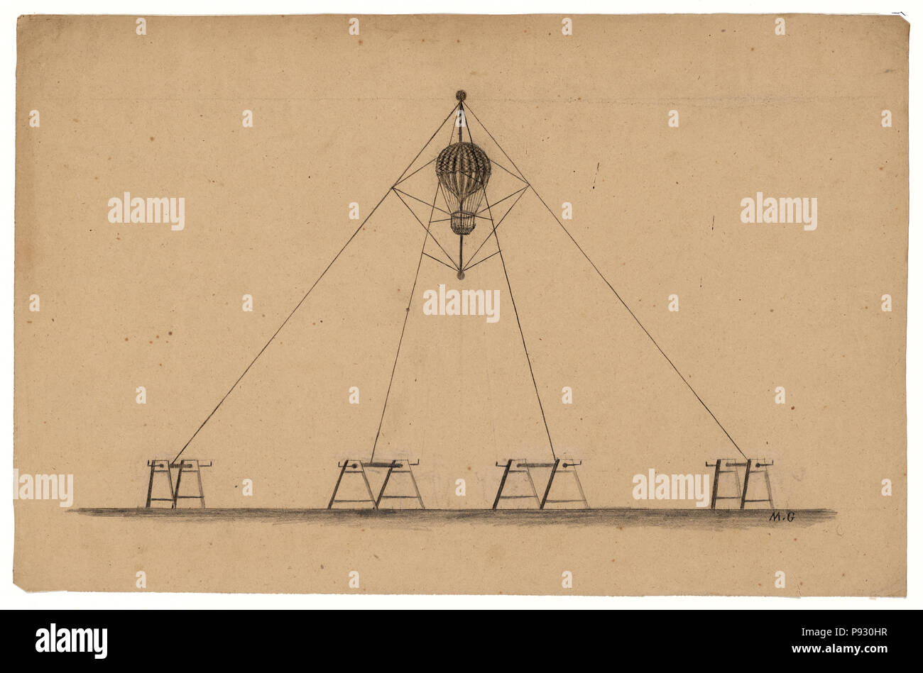 Diseño de sistema para subir y bajar el globo cautivo, controlada por cuatro cuerdas formando una forma piramidal y operado por cabrestantes abajo en la tierra ca 1820-1870 Foto de stock