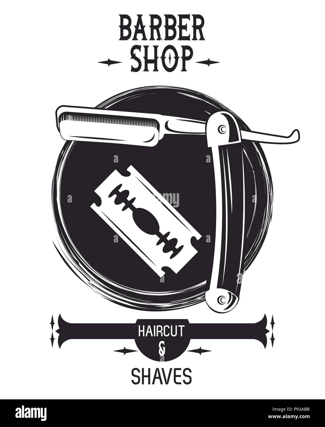 Barbería vintage emblema en blanco y negro con dibujos retro ilustración  vectorial diseño gráfico Imagen Vector de stock - Alamy