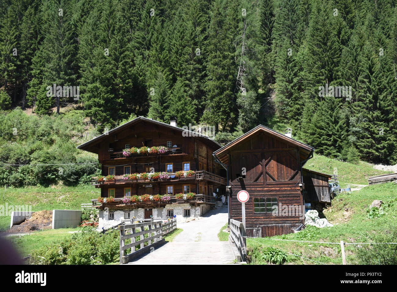 Osttirol, Lienz, Villgraten, Villgrater Berge, Landwirtschaft, Bauernhof, Bergbauer, Bergbauernhof, Österreich, Tirol, tradición, colgar, steil, Wiese, Foto de stock