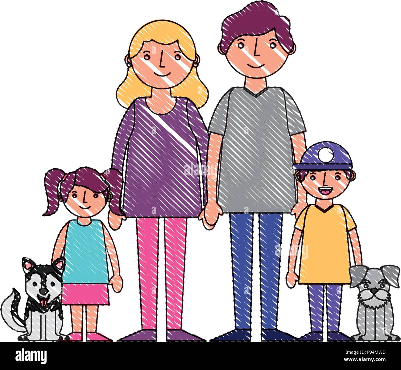 Familia Mama Papa Hijo Hija Y Perros Mascota Dibujo Ilustracion Vectorial Imagen Vector De Stock Alamy