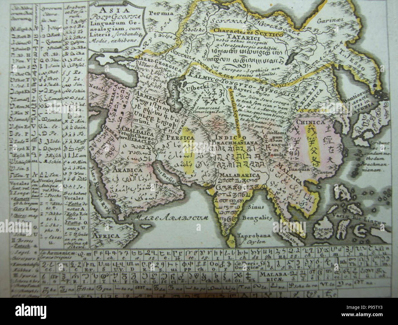 Un idioma mapa de Asia de'Synopsis universae philologiae" (J. B. Homann herederos Nurembergc.1741). Foto de stock