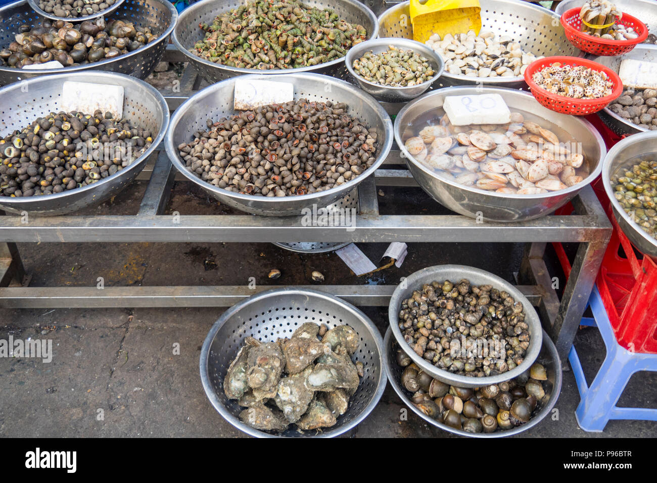 Los caracoles de mar y mariscos en exposición en el mercado Tan Dinh en Ciudad Ho Chi Minh, Vietnam. Foto de stock