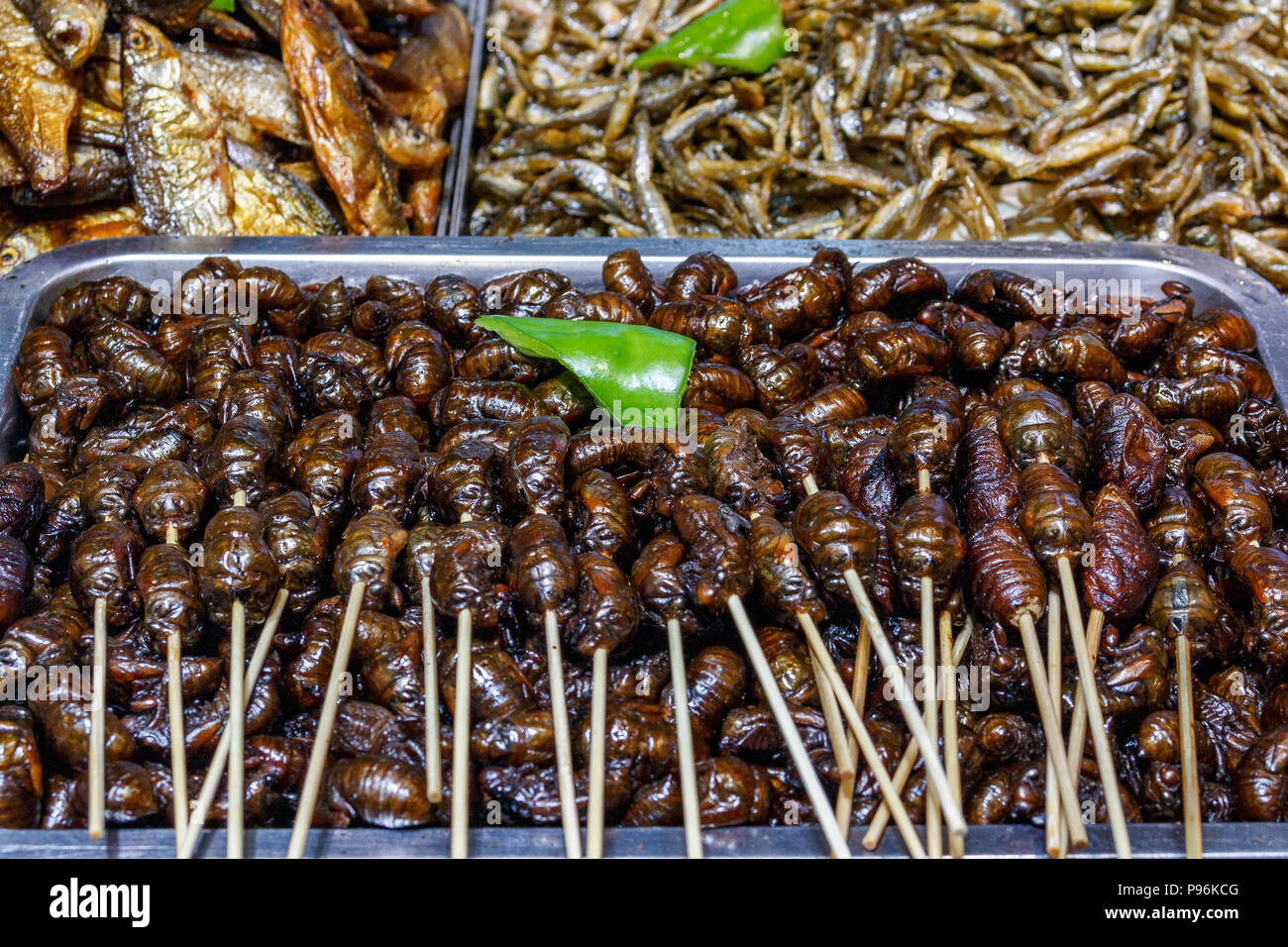 Insectos fritos en la bandeja sobre el mostrador del mercado chino. Alimentos exóticos Foto de stock