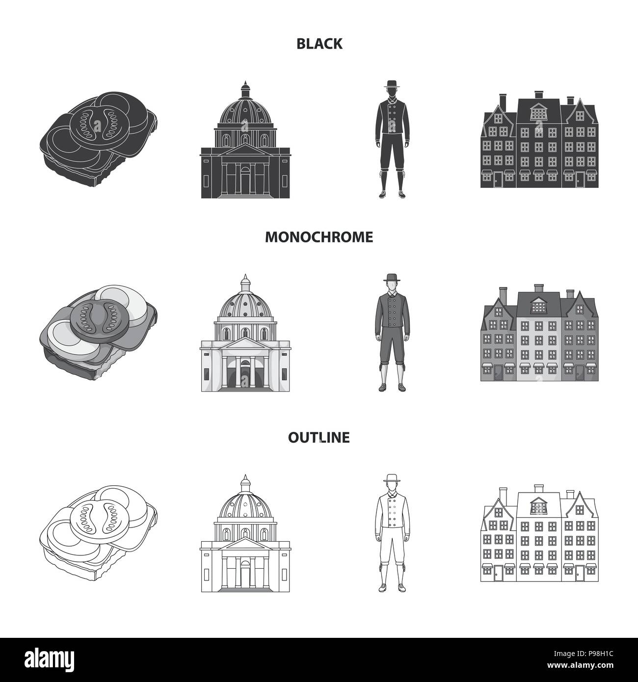 Dinamarca, historia, restaurante y otro icono en negro,monocromo, el estilo de esquema.Sandwich, alimentos pan iconos en conjunto Ilustración del Vector