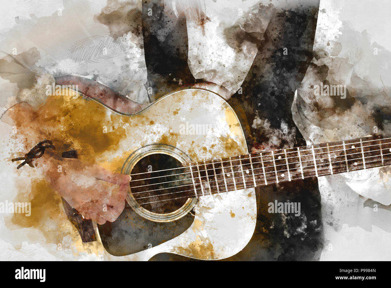 Resumen hermoso tocando la guitarra acústica en primer plano sobre el fondo  de la pintura con acuarela y pincel para ilustración Digital art Fotografía  de stock - Alamy