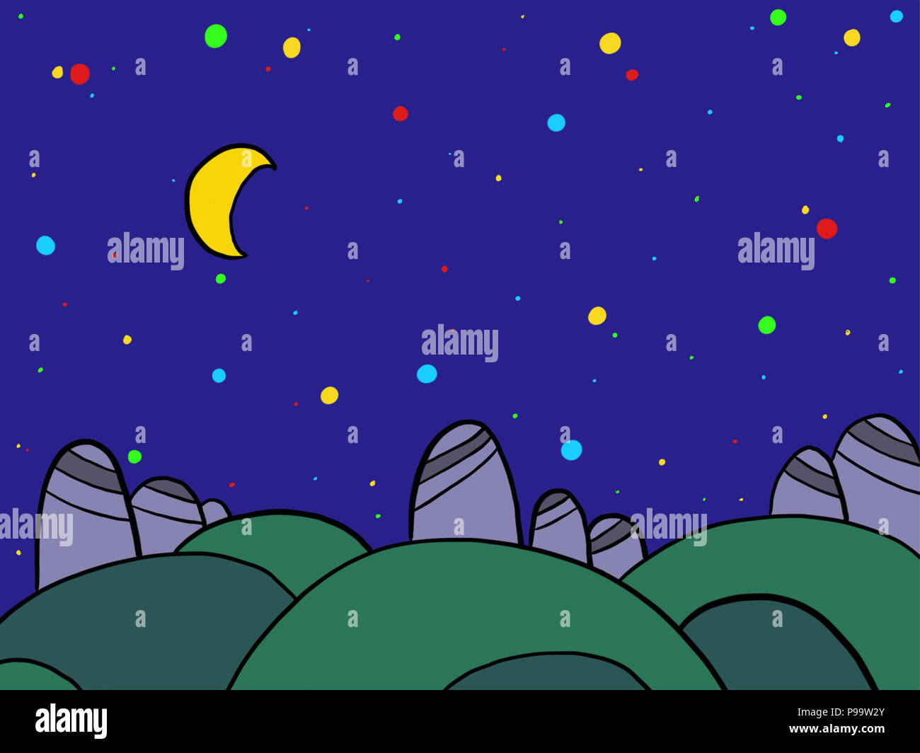 Las estrellas y la luna y las montañas en el cielo de la noche, imágenes de  dibujos animados Fotografía de stock - Alamy
