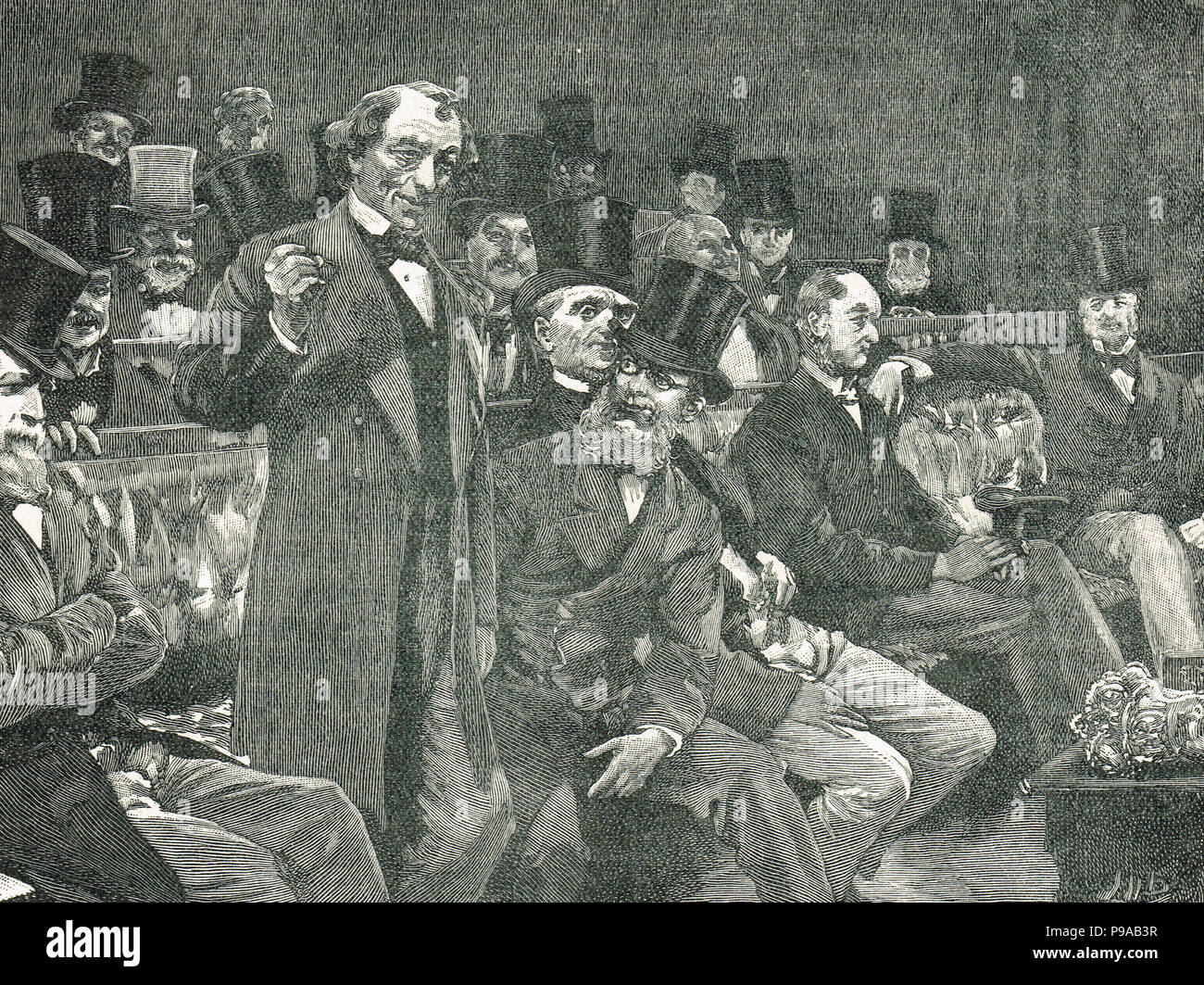 Benjamín Disraeli, sobre su historia acerca de champán seco, respondiendo a los estados de Louth M Sullivan, durante el transcurso de la coerción irlandés Bill de 1875 Foto de stock