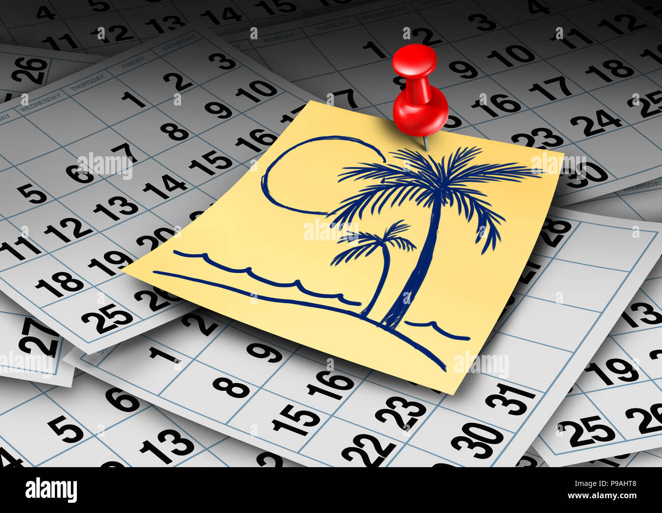 Calendario de vacaciones y vacaciones en la playa o de vacaciones anuales y el trabajo de la rotura. Foto de stock