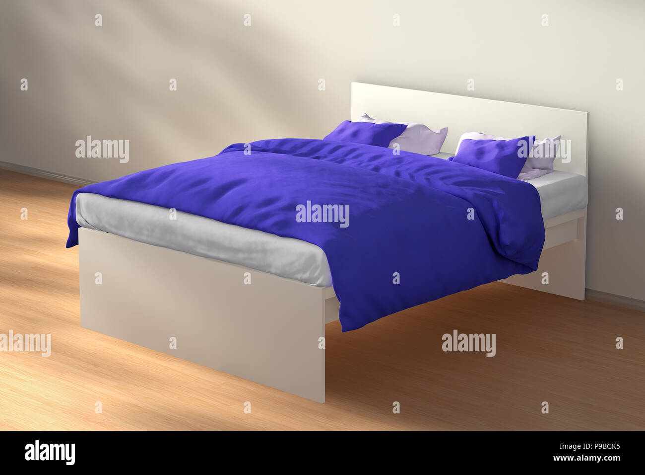 Cama doble de tamaño queen blanca de lino azul con la luz del sol Cama doble de tamaño queen blanca de lino azul con la luz del sol