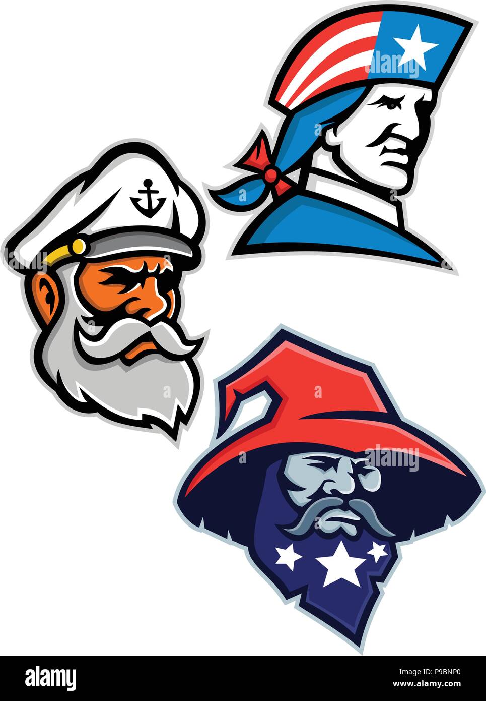 Icono de mascota ilustración conjunto de jefes de un patriota norteamericano, minuteman o soldado revolucionario, seadog, mar perro o capitán de mar y un brujo, asistente Ilustración del Vector