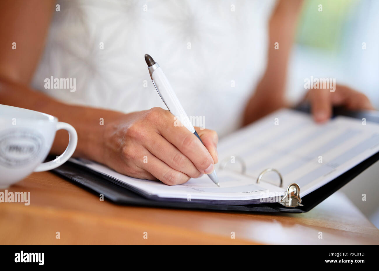 Mujer escribiendo en un diario Foto de stock