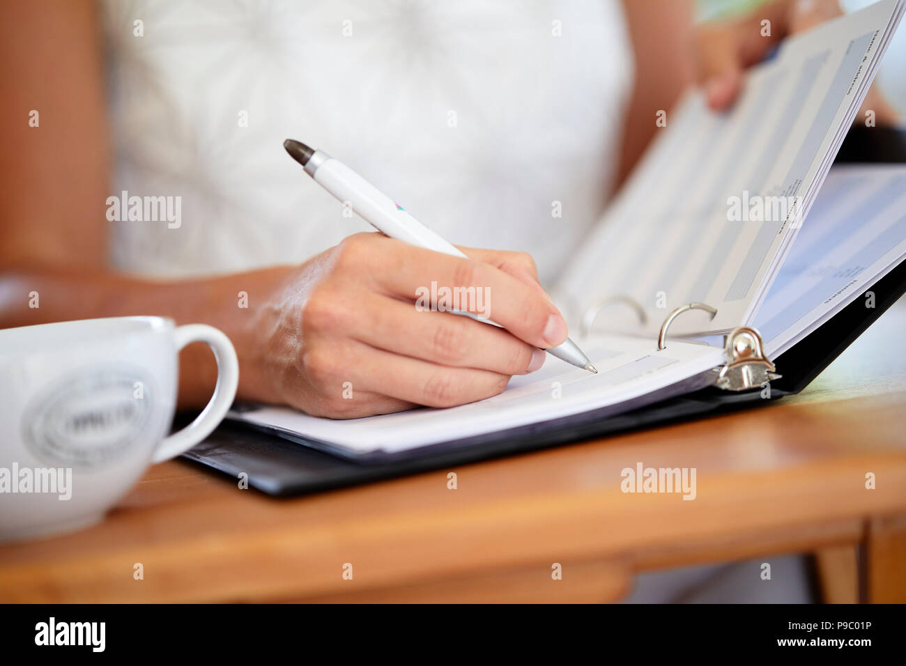 Mujer escribiendo en un diario Foto de stock