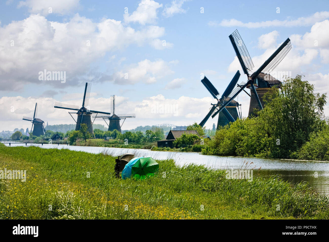 Los pescadores en la orilla del río junto a los molinos de Kinderdijk, Holanda, Holanda, Europa Foto de stock