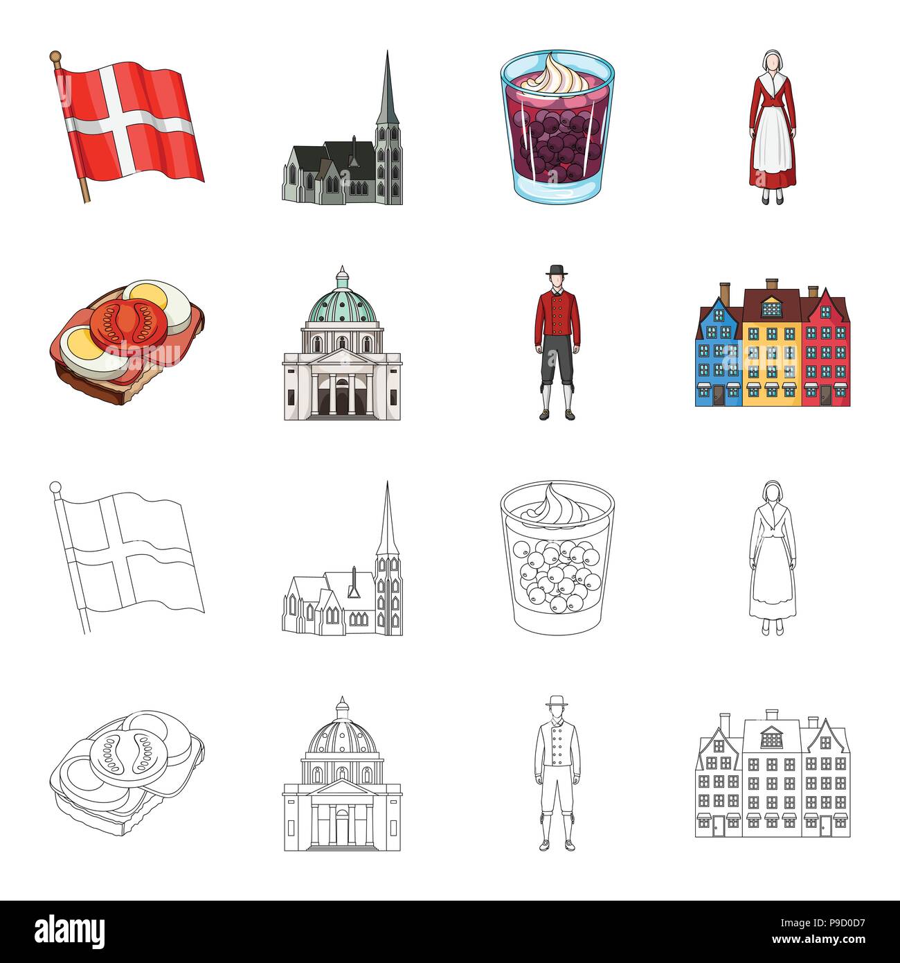 Dinamarca, historia, restaurante y otro icono de cartoon,el estilo de esquema.sándwich, comida, pan iconos en conjunto Ilustración del Vector
