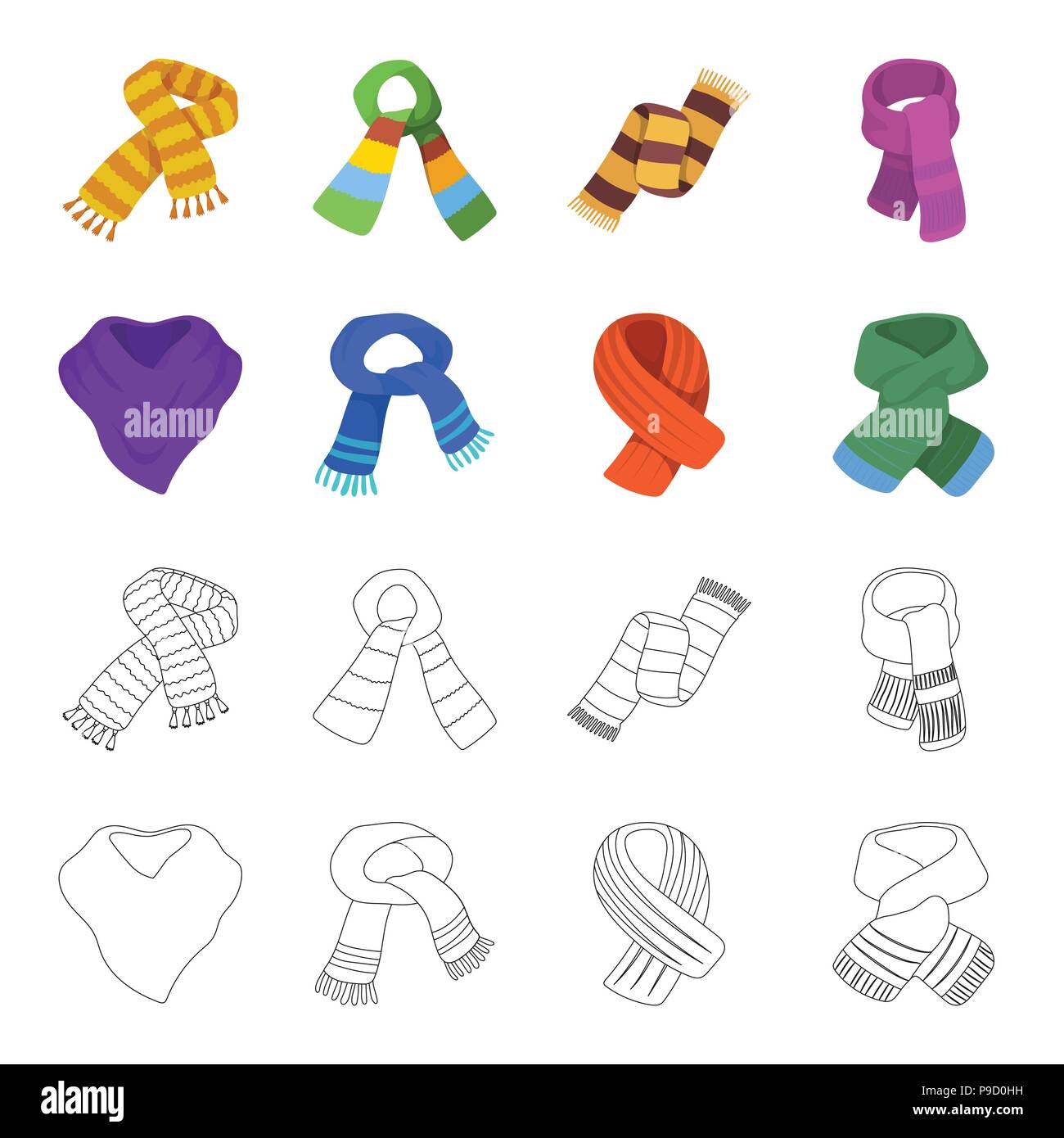 Diversos tipos de bufandas, pañuelos y bufandas. Pañuelos y Bufandas  colección de iconos en cartoon,estilo de esquema símbolo ilustración  vectorial de stock Imagen Vector de stock - Alamy