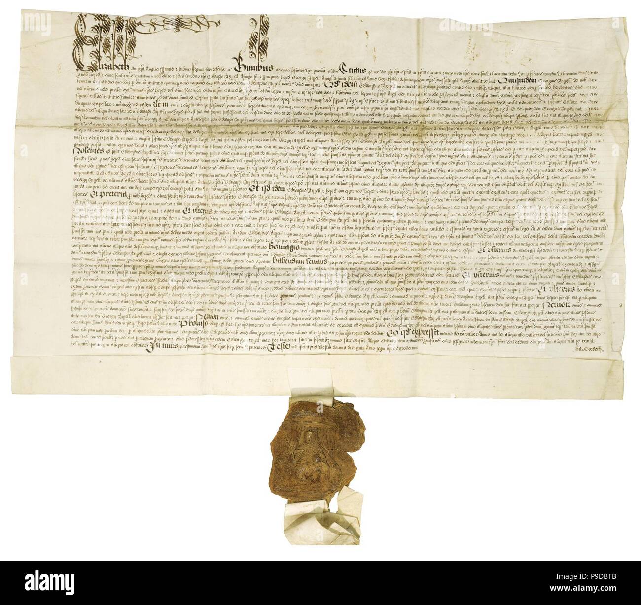Documento firmado por la reina Isabel I con el gran sello real. Museo: Colección privada. Foto de stock
