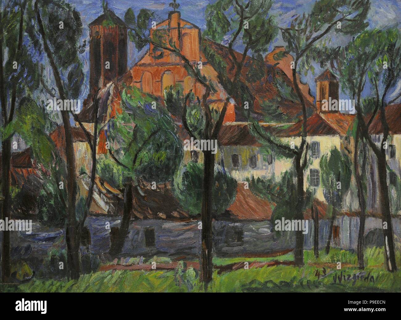 Viktoras Vizgirda (1904-1993). Pintor lituano. Vista de la iglesia desde el río Vilnele Bernardino, 1943. Galería Nacional de Arte de Vilnius, Lituania. Foto de stock