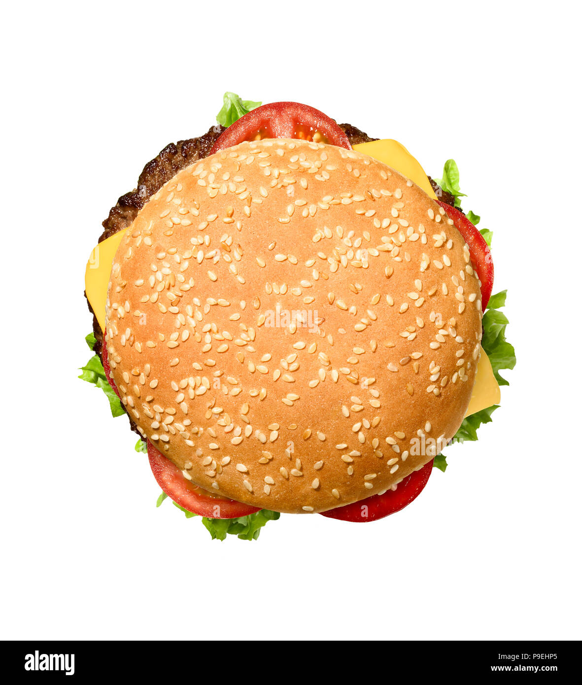 Una fotografía cenital de un perfectamente preparado burger Foto de stock