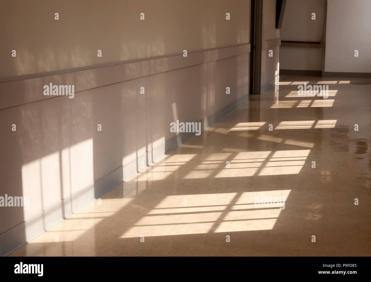 La luz del sol brillando a través de ventanas que dan a un pasillo. Foto de stock