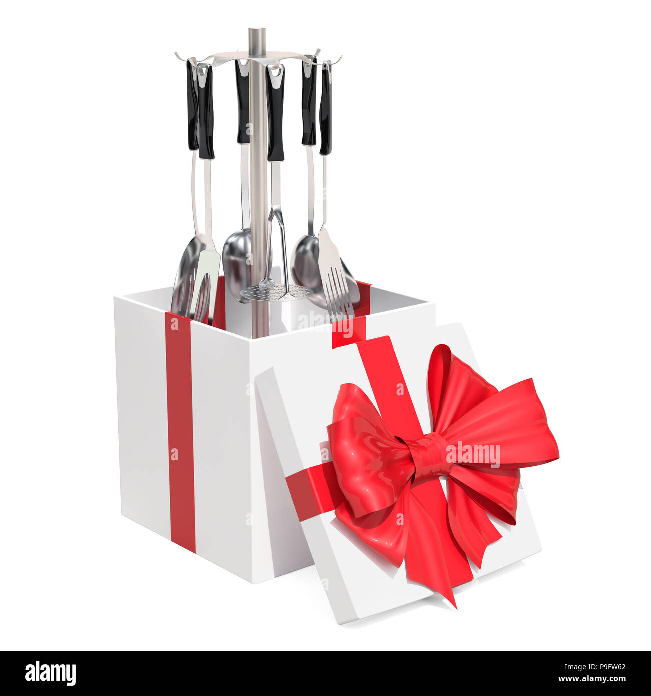 Concepto de regalo. Utensilios de cocina con soporte en caja de regalo, 3D  rendering Fotografía de stock - Alamy