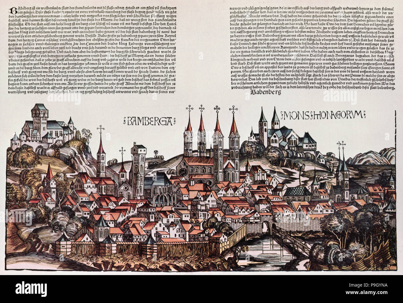 La ciudad de Bamberg, xilografía coloreada en 'Chronicarum', de 1493. Foto de stock