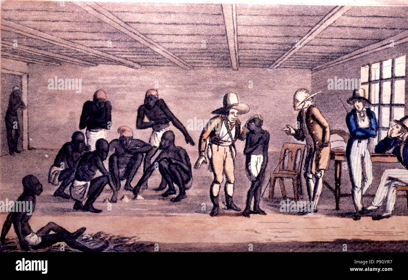 El comercio de esclavos en Río de Janeiro, litografía coloreada. Foto de stock
