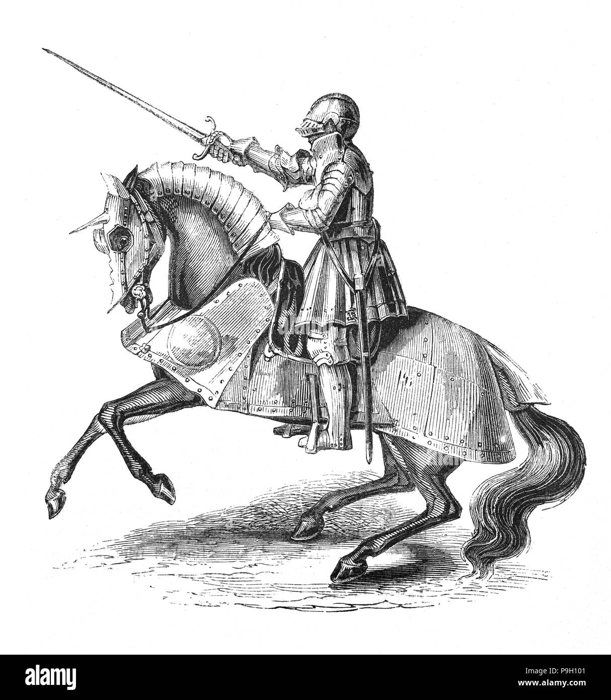 Henry VIII (1491 - 1547) a caballo y vestido de armadura de cuerpo completo. Él era el rey de Inglaterra desde 1509 hasta su muerte, y el segundo monarca Tudor, sucediendo a su padre, Enrique VII. Sus primeras campañas militares comenzó cuando se unió al Papa Julio II la Santa Liga contra Francia en 1511. Wolsey demostró ser un excelente ministro en su organización de la primera campaña de Francia y mientras los escoceses guerra vieron esto como una oportunidad de invadir Inglaterra, fueron derrotados en Flodden en 1513. Sin embargo la guerra con Francia, a la larga, resultó costoso y fallido Foto de stock