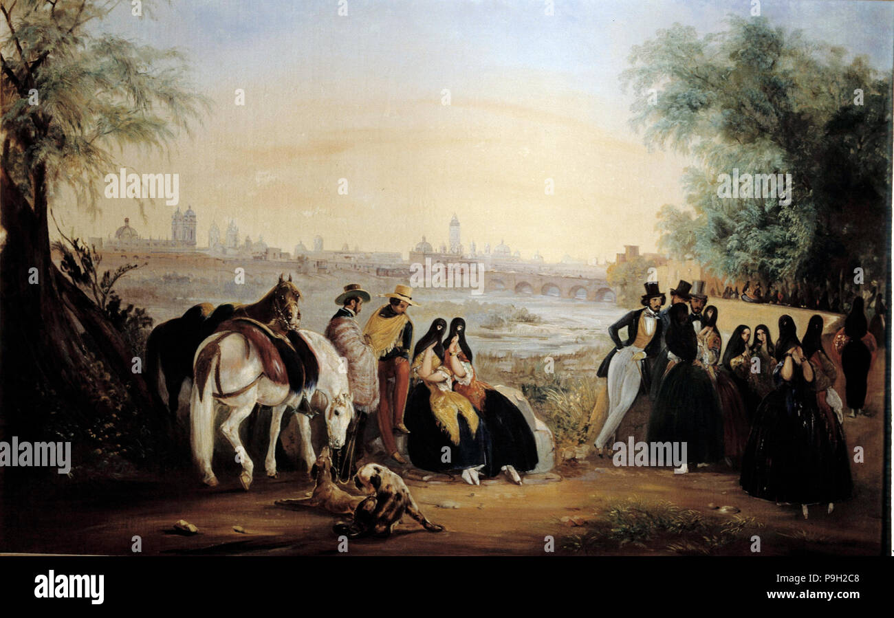 Vista de Lima con señoras y señores paseando por el río Rimac, petróleo, 1843. Foto de stock