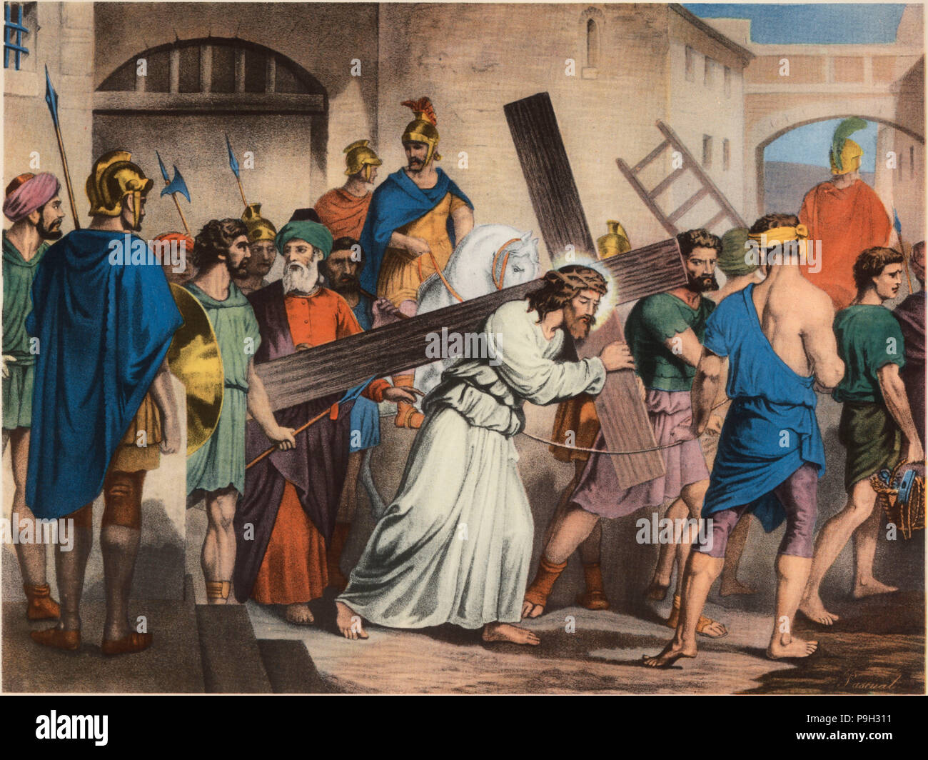 Via Crucis. Segunda Estación. Jesús con la cruz sobre sus espaldas. Dibujo  por Pascual. Ediciones Barsal… Fotografía de stock - Alamy