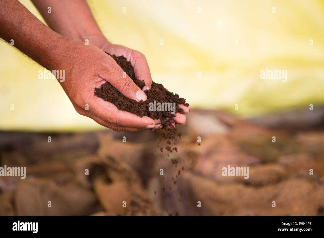 Un agricultor aprendiendo acerca de los beneficios de la rica tierra orgánica en el centro de la solución orgánica Vasudha Jamniya, Madhya Pradesh, India. Foto de stock