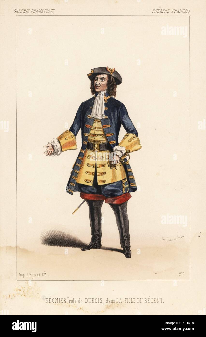 Francois Regnier como Dubois en La Fille du Regent por Alexandre Dumas, Teatro Francais, 1846. Litografía Handcolored después una ilustración por Alexandre Lacauchie desde el Victor's Galerie Dramatique Dollet: Trajes des teatros de París, París, 1846. Foto de stock