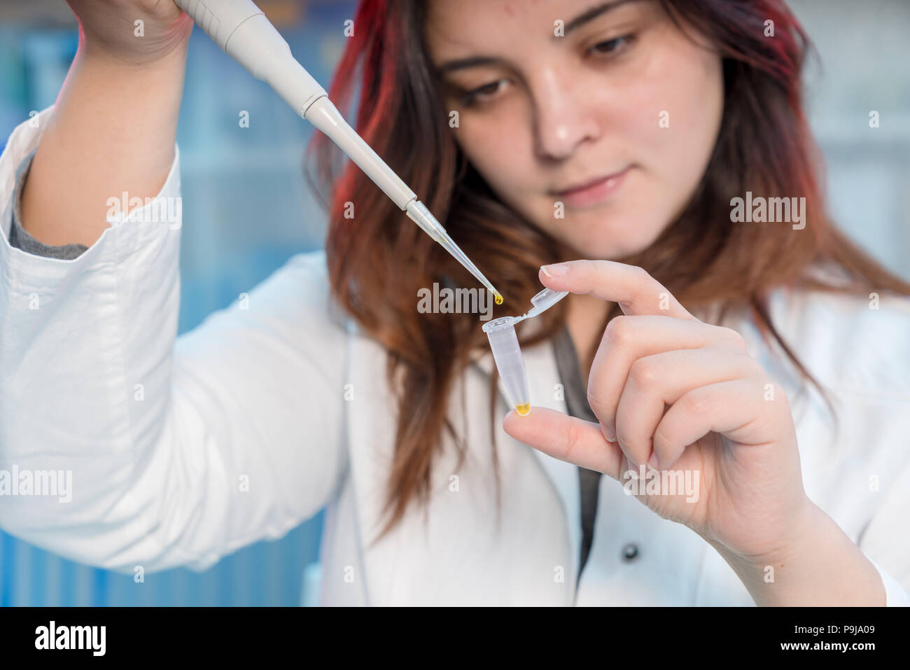 Mujer con multipipette Técnico en laboratorio genético de investigación de PCR. Chica estudiante use pipeta Foto de stock