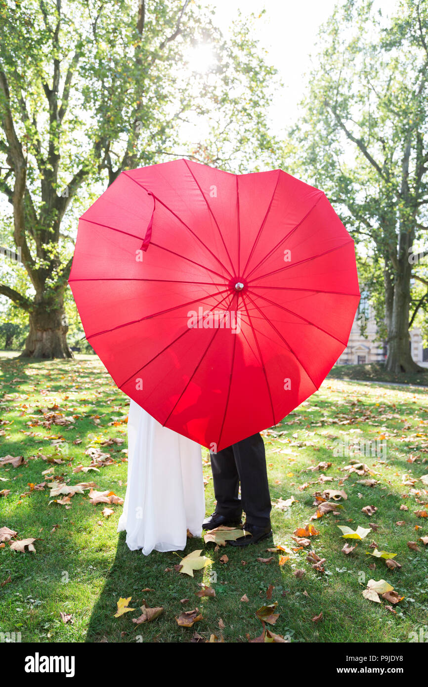 El contorno de la sombra de la pareja nupcial en rojo paraguas con forma de  corazón Fotografía de stock - Alamy