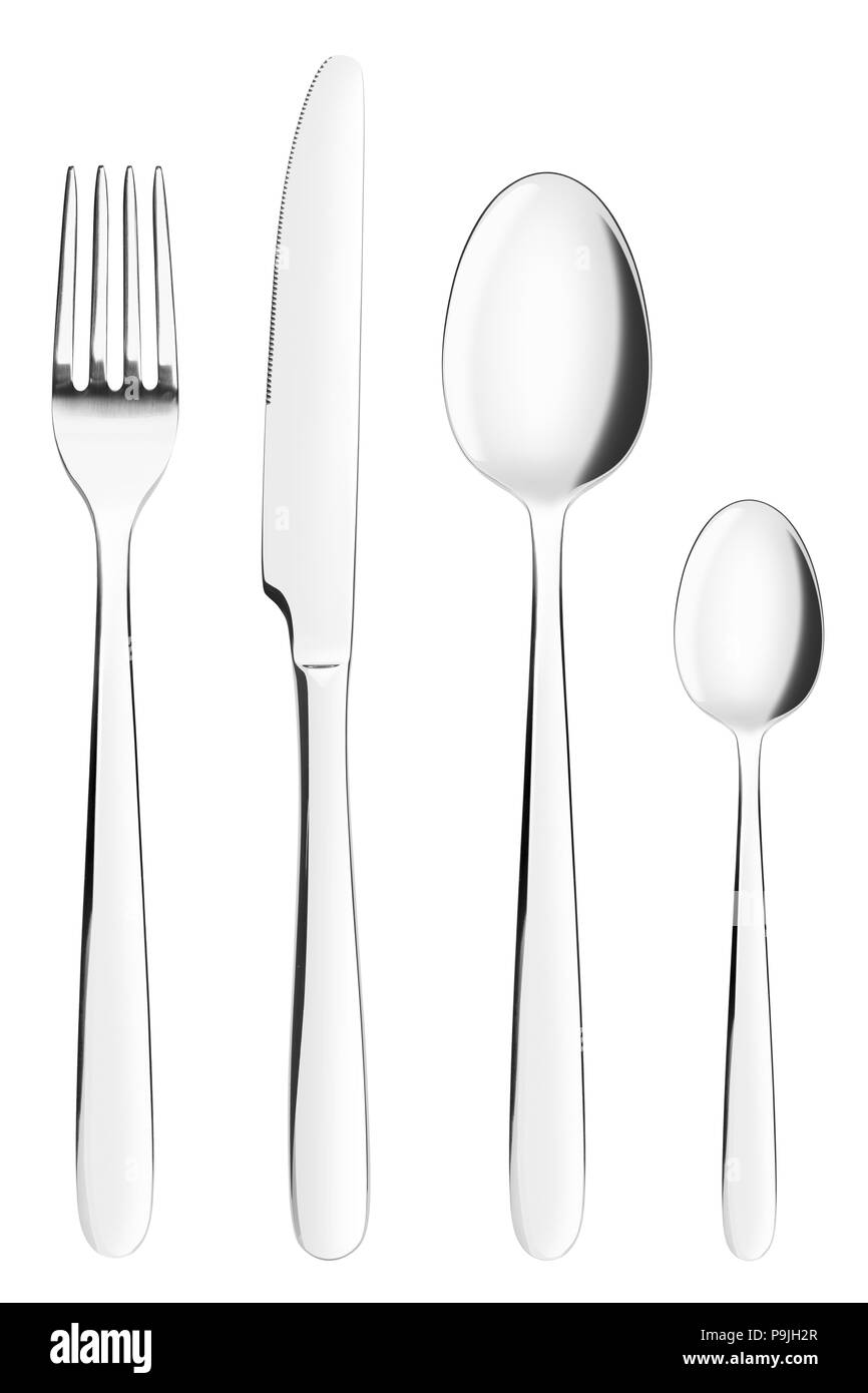 Tenedor, Cuchillo, Cuchara, Cucharita, cubertería sobre fondo blanco  aisladas, trazado de recorte Fotografía de stock - Alamy