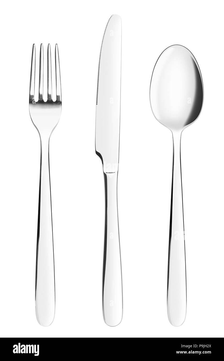 Tenedor, Cuchillo, Cuchara, cubertería sobre fondo blanco aisladas, trazado de recorte Foto de stock