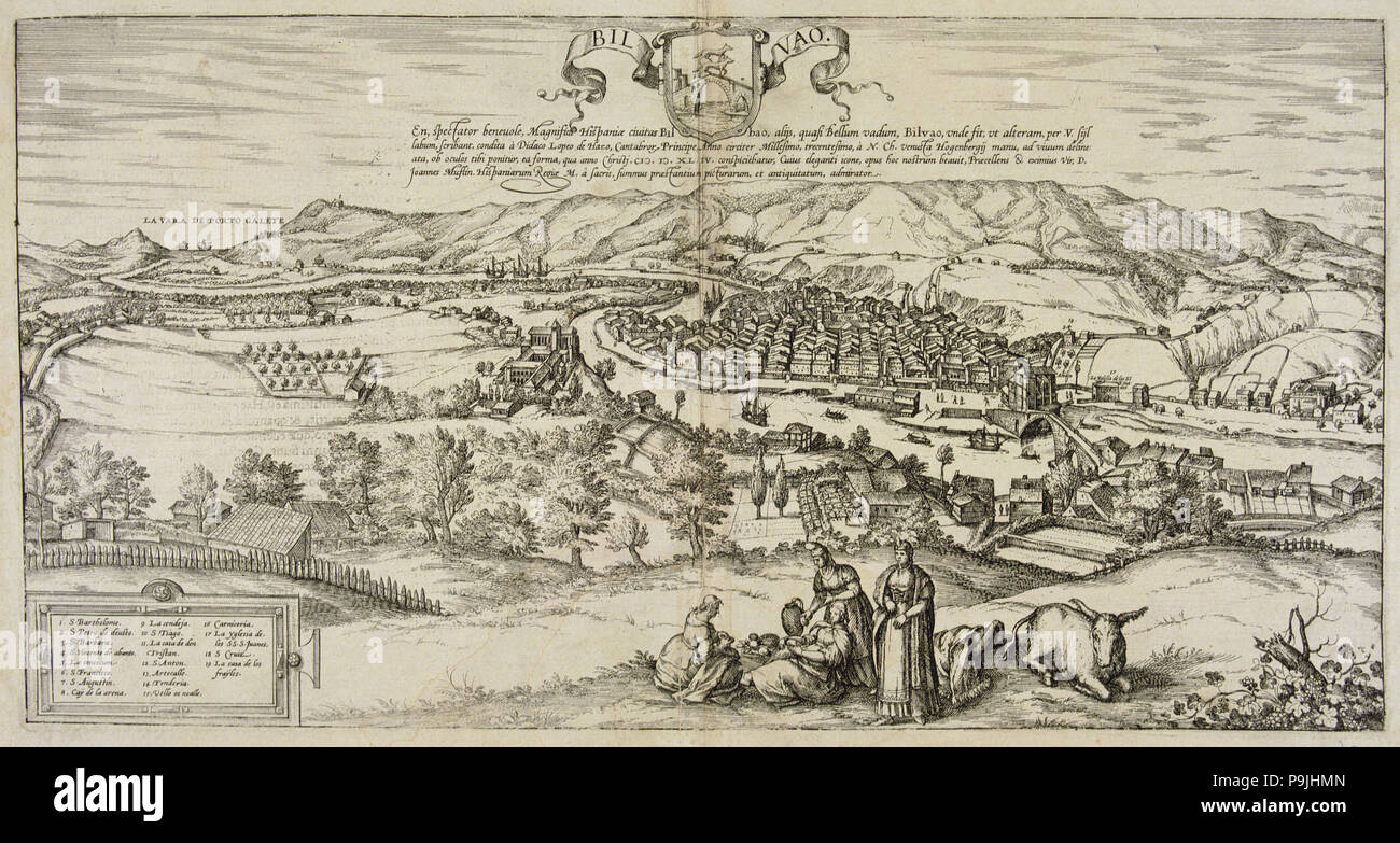 Vista de la ciudad de Bilbao. Grabado de 1544 de la obra 'Civitates Orbis Terrarrum', de 1576, por... Foto de stock