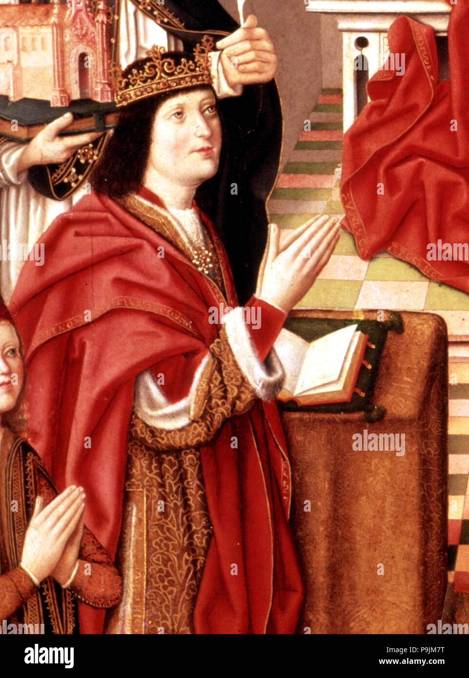 Retrato de Fernando II de Aragón el Católico (1452-1516), el detalle de la pintura "Virgi... Foto de stock