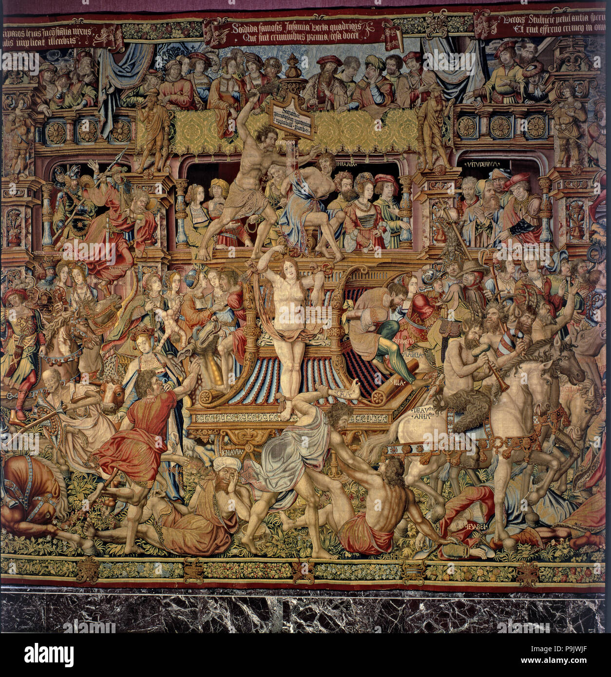 "Honores". "Calumnias", Detalle del tapiz central nº 9 mostrando la procesión de vicios dragg… Foto de stock