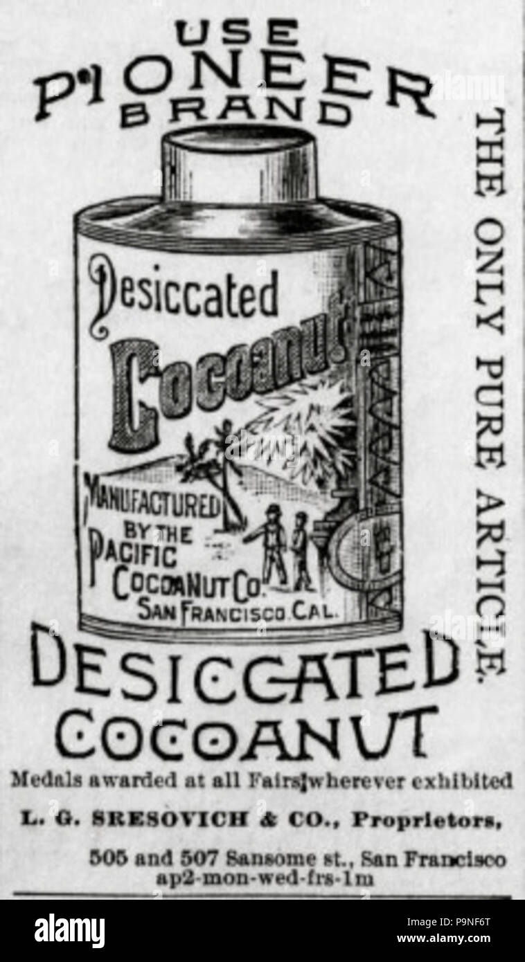 Inglés: mostrar publicidad en Los Angeles Herald del 25 de abril de 1890,  mostrando el estaño de 'Desiccated Cocoanut fabricados por el Pacífico  Cocoanut Co. San Francisco, Cal.' con texto de